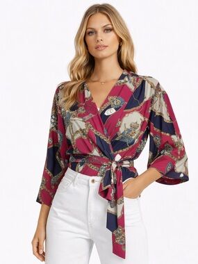 Vintage Rope Navy Fuchsia Royal Print Cardigan Blouse – Unique Top